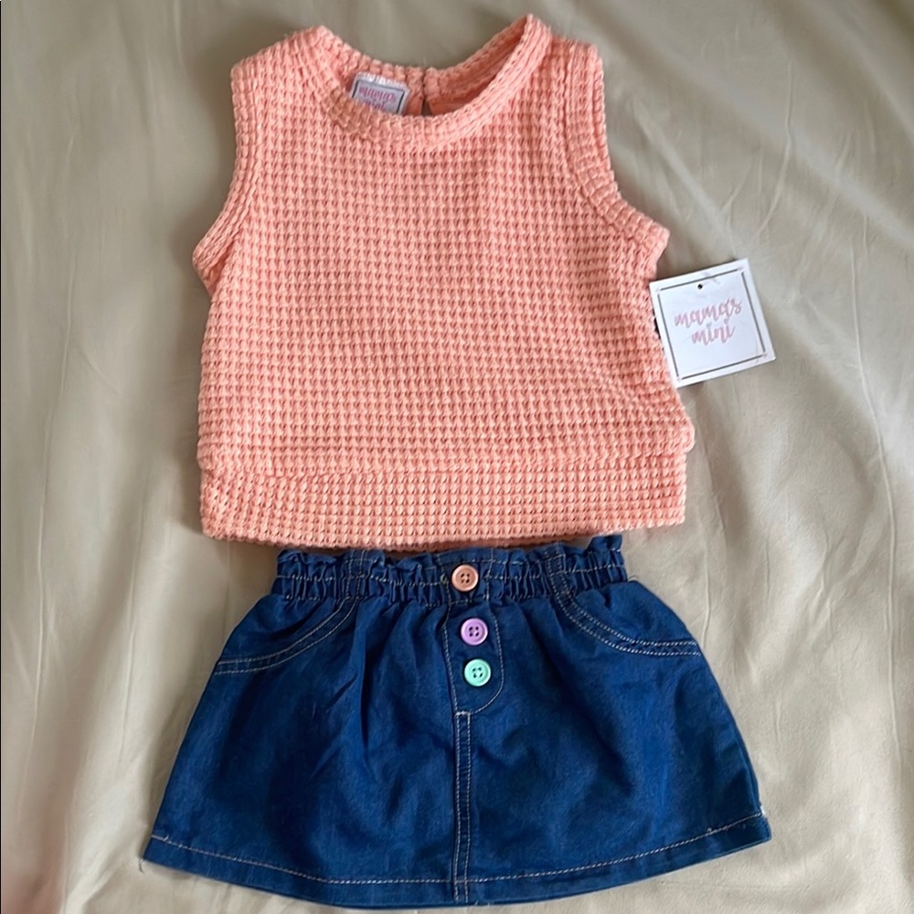 Peach Sleeveless Top and Denim Skirt Set